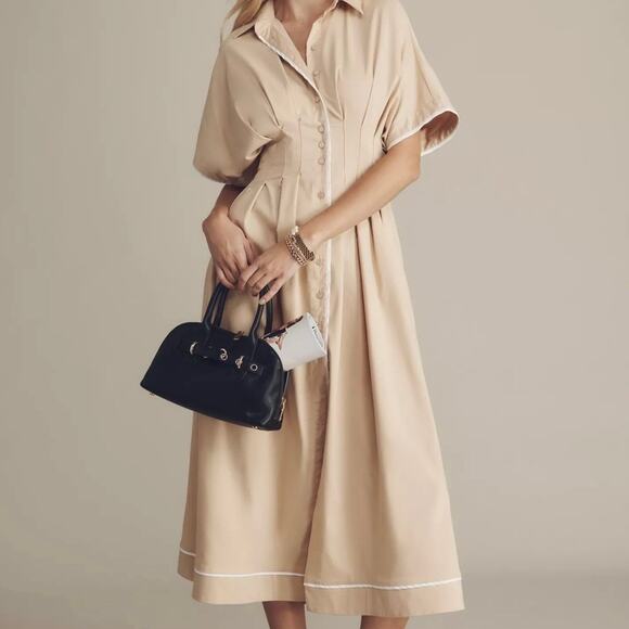 Anthropologie Dresses & Skirts - EXQUISE x ANTHROPOLOGIE | Tobie Shirt Dress Pleated Waist Beige Tan White | XL